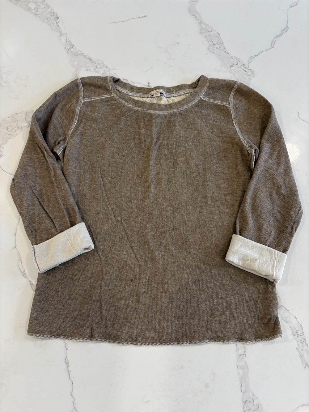 GAP Long Sleeve Reversible-Look Cotton Ribbed Knit T-Shirt Taupe & Ivory Size XS